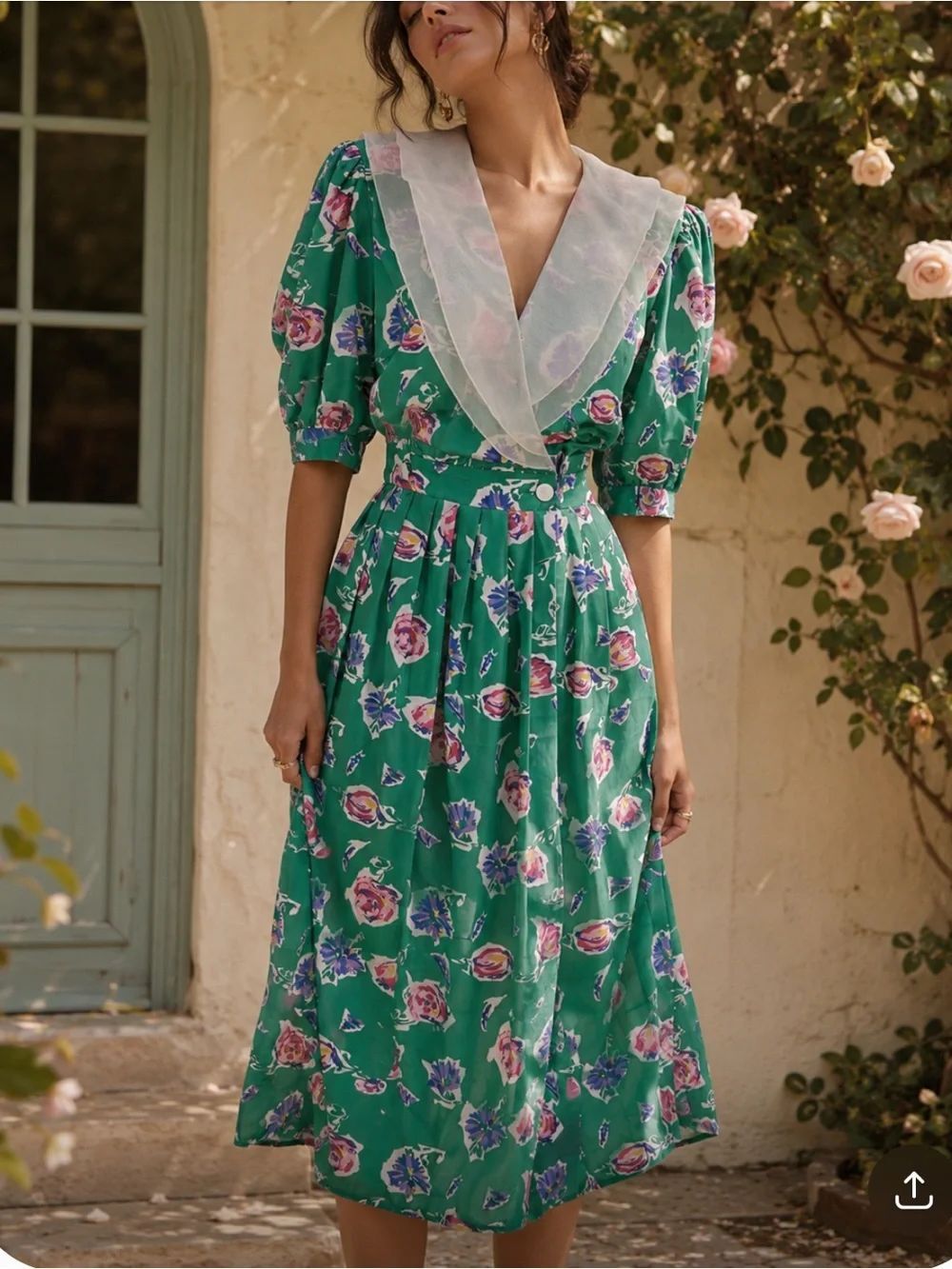 VINTAGE COTTAGECORE Milkmaid 80's Green Floral Midi Dress Sheer Collar